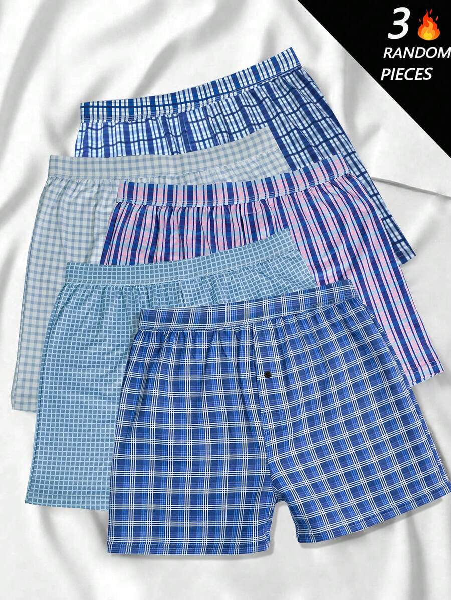 Random 3Pcs Men Underwear, Comfort Polyester Fabric, Checkered Pattern With Buttons, Elastic Waistband Multi-Color Pack, Home Essentials, Men Gift