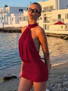 Vestido Halter Sin Mangas con Cordones Nuevo - Rojo - Ver 4
