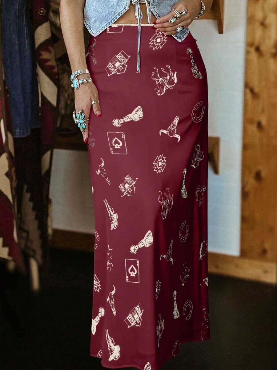 Acelitt Falda ajustada de satén con estampado de caballo salvaje estilo occidental en color rosa, ideal para vacaciones en cualquier época del año - Burdeos - Ver 1
