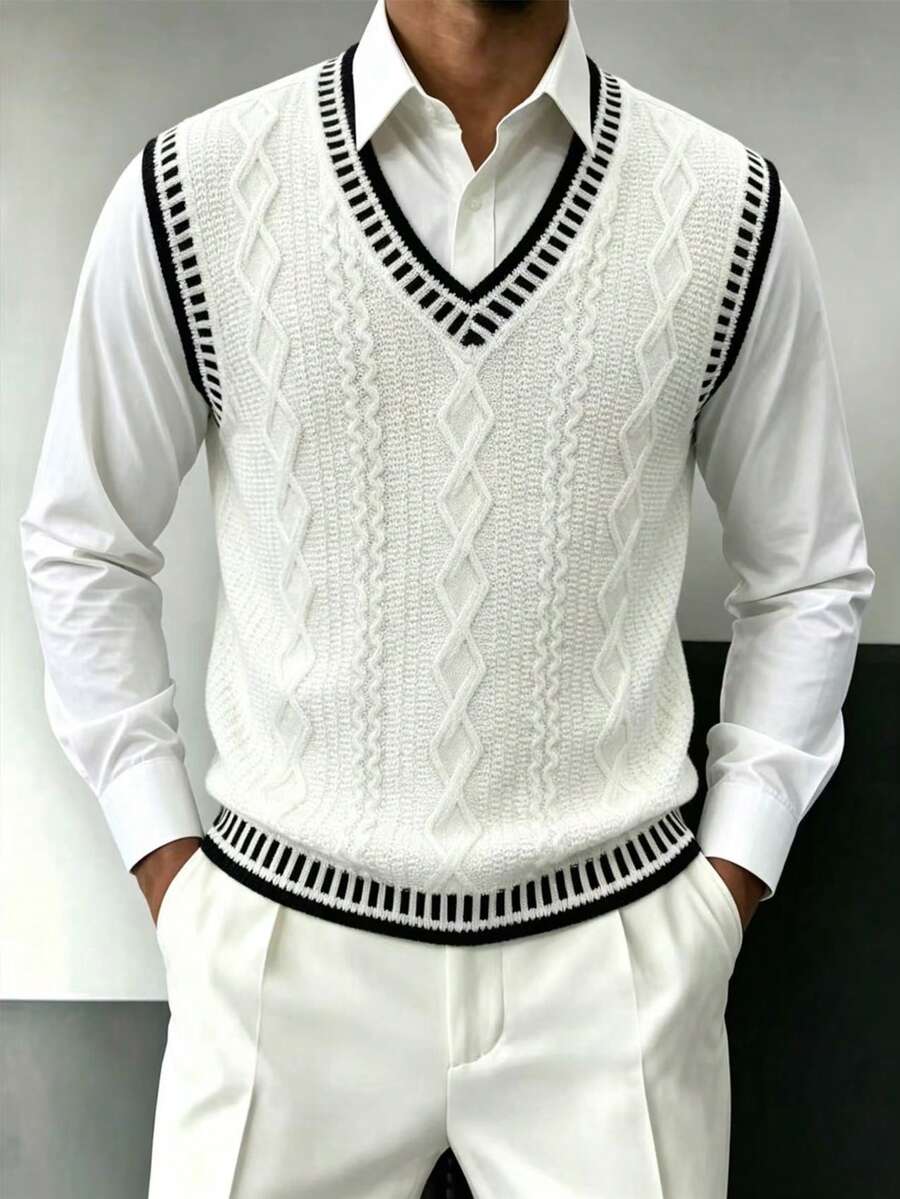Chaleco de punto de diamante japonés retro, parte superior sin mangas con cuello en V y ribete de contraste en blanco y negro versátil - Blanco - Ver 1
