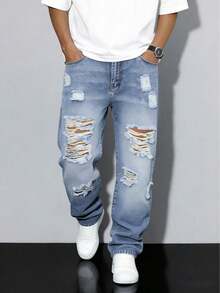 Men's Loose Casual Jeans, Street Style, Relaxed Fit, Fashion Casual - Medium Wash - View 4
