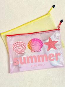 Waterproof PVC Beach Bag With "Summer" Print,Includes Storage Bag,A4 Transparent File Pouch,Large-Capacity Mesh Zipper Makeup & Swim Bag,Portable Travel Tote For Swimming,Vacation,Summer Essential,Perfect Gift For Friends Teachers,Holiday,Party - Multicolor - View 6