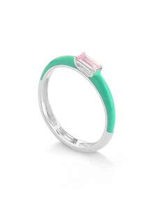 1pc 925 Sterling Silver Green Enamel Band Ring, Inlaid With Rectangular Cut Pink Cubic Zirconia, Minimalist Stackable Fashion Women's Ring - Green - View 2