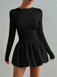 Vestido Manga Larga Elástico Ajustado Volantes 2026 - Negro - Ver 5