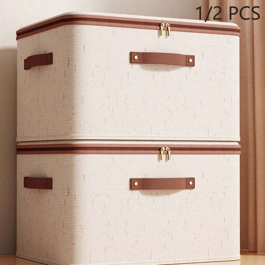 1/2 Packs Zippered Fabric Storage Box, Foldable & Washable Closet Organizer, With Handle (Beige)