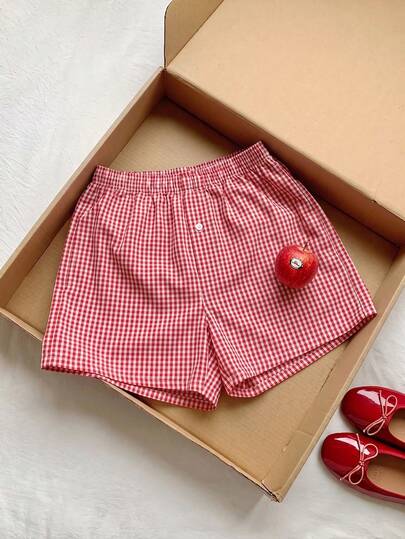 Summer Versatile Plaid Shorts Home Casual Elastic Waist Single Button Comfortable Breathable Daily Versatile Pants