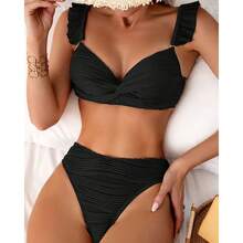Nuevo bikini de verano para mujer de 2026, de un color con flecos, para la playa - Rosa - Ver 3