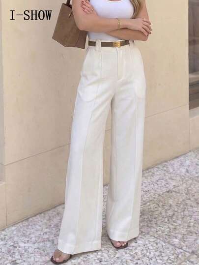Calça Feminina de Cintura Alta e Perna Larga - Elegante, Ajuste Solto, para Trabalho & Uso Diário, Calça de Terno Branca Fluida e Emagrecedora (Cinto Não Incluído)