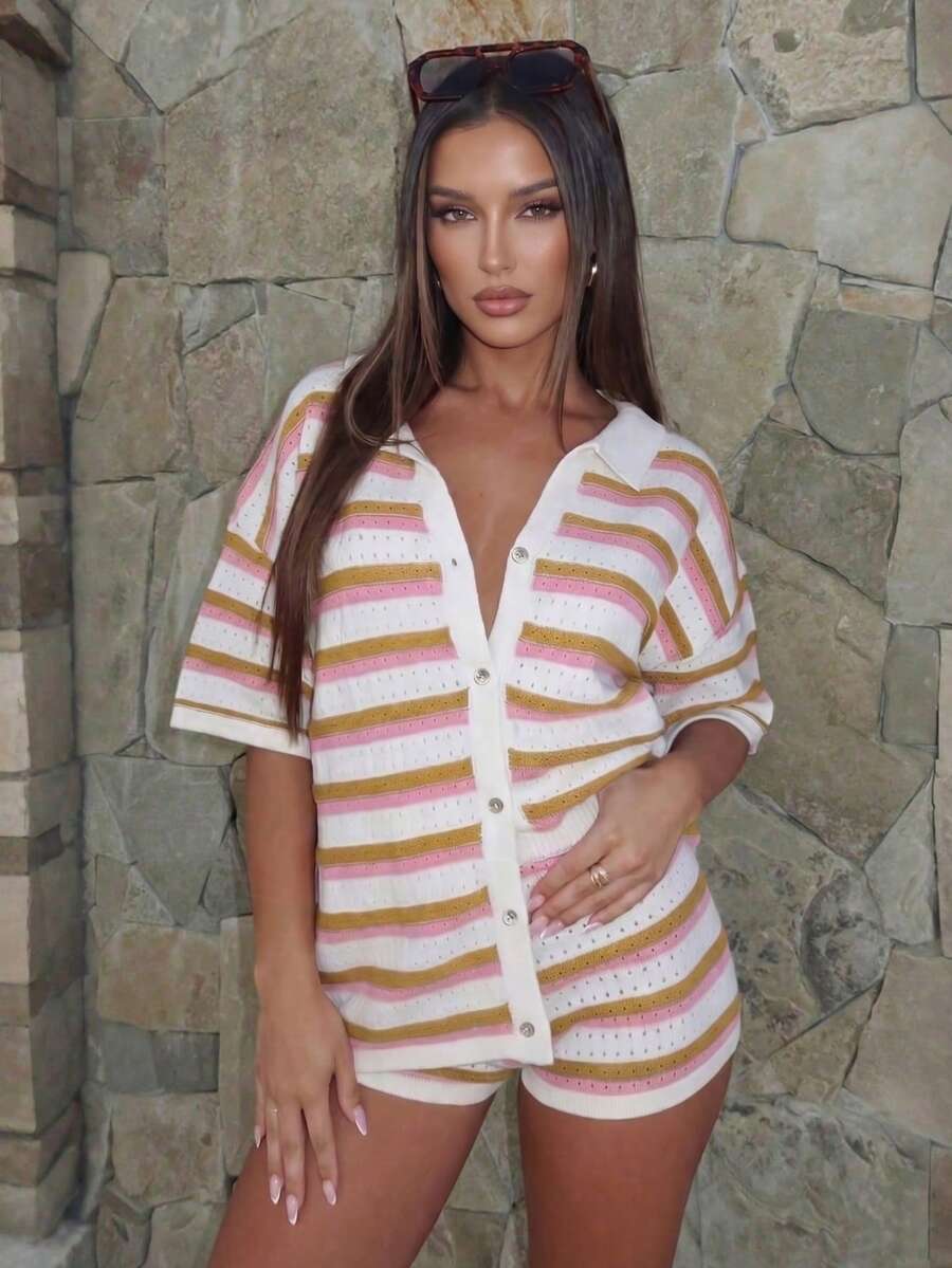 Women's Summer Vintage Vacation Style 2-Piece Knit Set, Hollow Stripe Top & Elastic Waist Shorts, Lightweight And Comfortable, Suitable For Daily, Beach, Street And Date
