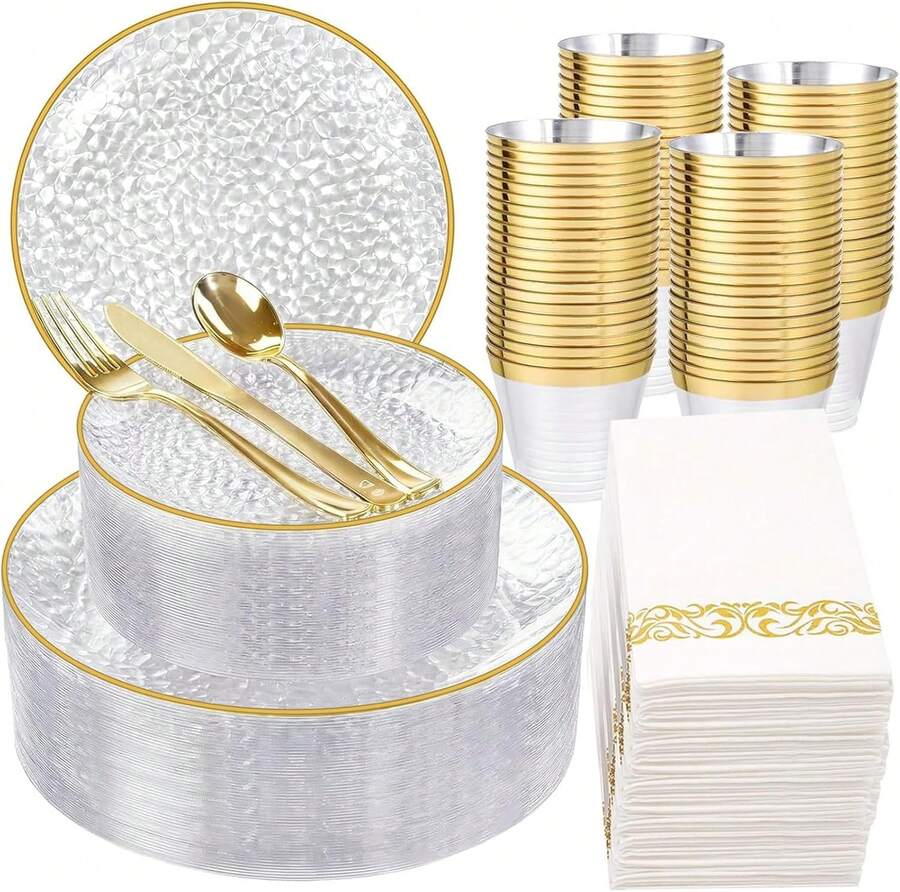 350pcs Elegant Hammered Clear Disposable Dinnerware Set Includes Plates Cutlery Cups Napkins For Parties And Weddings - Clear Gold - View 1