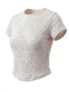 Women's Summer Round Neck Lace Short Sleeve Crop Top, Slim Fit Y2K Style Summer Blouse - Apricot - View 6