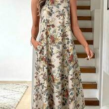 LUNE Vestido midi casual y elegante de cuello redondo, sin mangas, con bajo acampanado y estampado floral retro - Multicolor - Ver 9