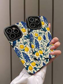 1pc Vintage Blue Floral & Lemon Pattern Vertical Stripe Faux Leather Classic Shockproof Soft Phone Case Compatible With Apple And 17/17 Air/17PRO/17PROMAX/16/16PLUS/16PRO/16PROMAX15/15PLUS/15PRO/15PROMAX - Multicolor - View 4