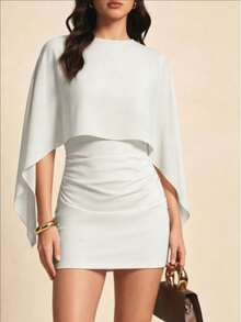 Vestido mini ligero 2 en 1 de unicolor con mangas de murciélago y patchwork para cita nocturna, vacaciones, fiesta de cumpleaños, uso diario - Blanco - Ver 1