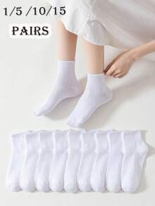 10 双女士白色透气舒适休闲短袜，适合女学生日常休闲穿着/校服 - 白色 - 查看 2