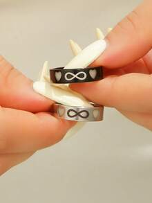 ATLVXJL 2pcs/Set Glowing Couple/Friendship/Family Glow-In-The-Dark Double Heart & Infinity 8-Pattern Stainless Steel Silver & Black Couple Rings Set, Casual Jewelry Rings Suitable For Daily Wear And Holiday Gift Giving - Multicolor - View 2