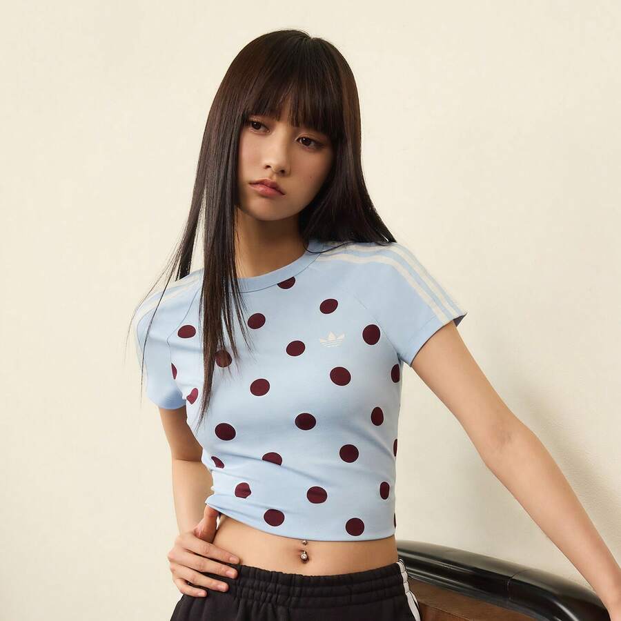 Adidas CALI TEE Polka Dot Knit Fitted Raglan Sleeve Sports Short Sleeve T-Shirt - Blue - View 1