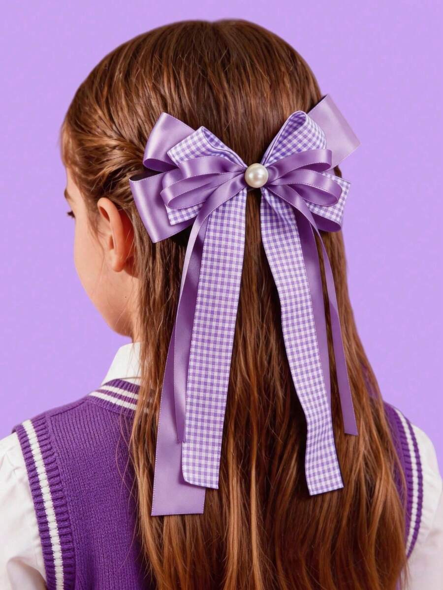 1pc Girls Versatile Casual Preppy Style Back To School Dual-Tone Plaid Ribbon Bow Hair Clip - Mauve Purple - View 1