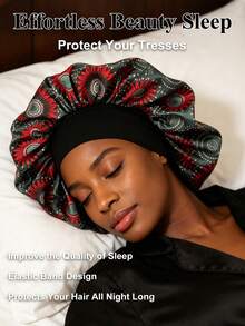 1pc Large Printed Satin Sleep Cap, Extra Large Satin Hair Bonnet, Wide Elastic Band, Hair Protection Night Cap - Single Layer Hat - View 18