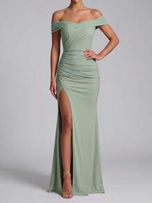 Women's Summer Ruched Asymmetric Slit Long Fitted Off-Shoulder Dress, Elegant Green Nightclub Evening Cocktail Party Dress - Green - View 7