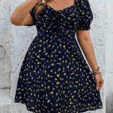 jianchaimaoyi02  VCAY Vestido corto de mujer talla grande con cuello de corazón floral negro, manga corta con cordón delantero - Azul marino - Ver 1