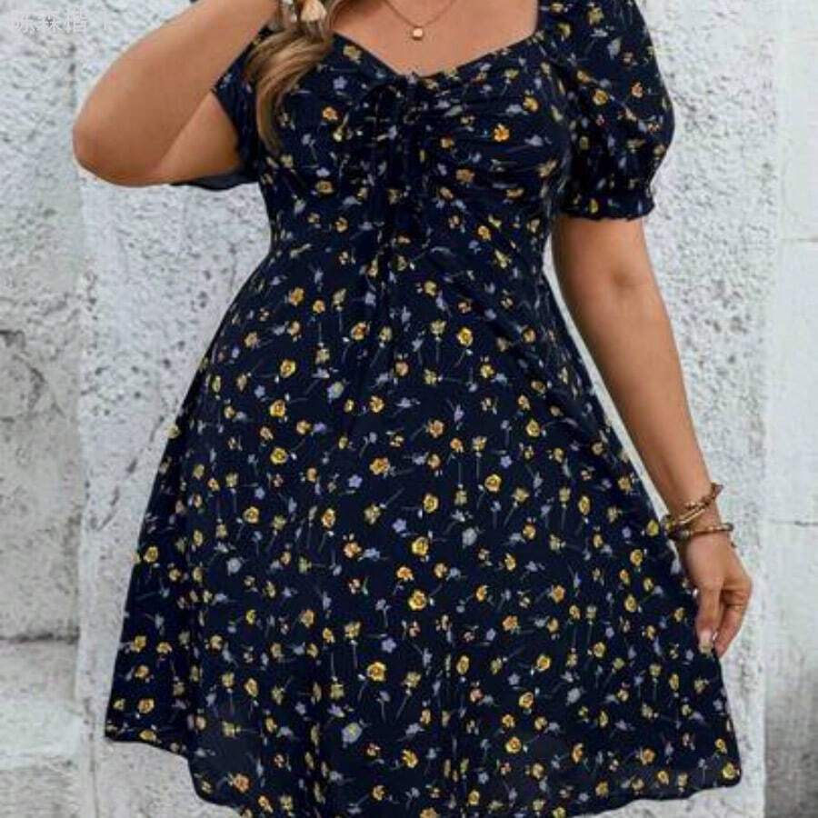 jianchaimaoyi02 VCAY Vestido corto de mujer talla grande con cuello de corazón floral negro, manga corta con cordón delantero - Azul marino - Ver 1