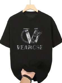 Camiseta vintage con estampado de llave griega M1en, estilo casual, corta, tops para amantes del estilo de lujo. - Negro - Ver 1