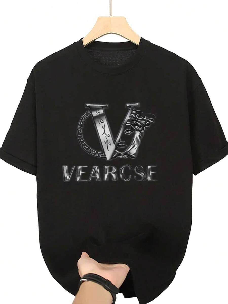 Camiseta vintage con estampado de llave griega M1en, estilo casual, corta, tops para amantes del estilo de lujo. - Negro - Ver 1