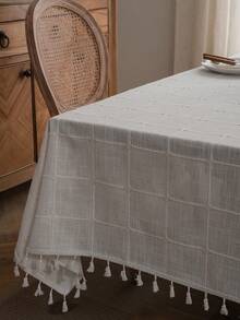 Bubaba Farmhouse Textured Plaid Tassel Tablecloth, Linen-Feel Rectangular Dining Table Cover, French Country Kitchen And Dining Room Decor - Multicolor - View 7