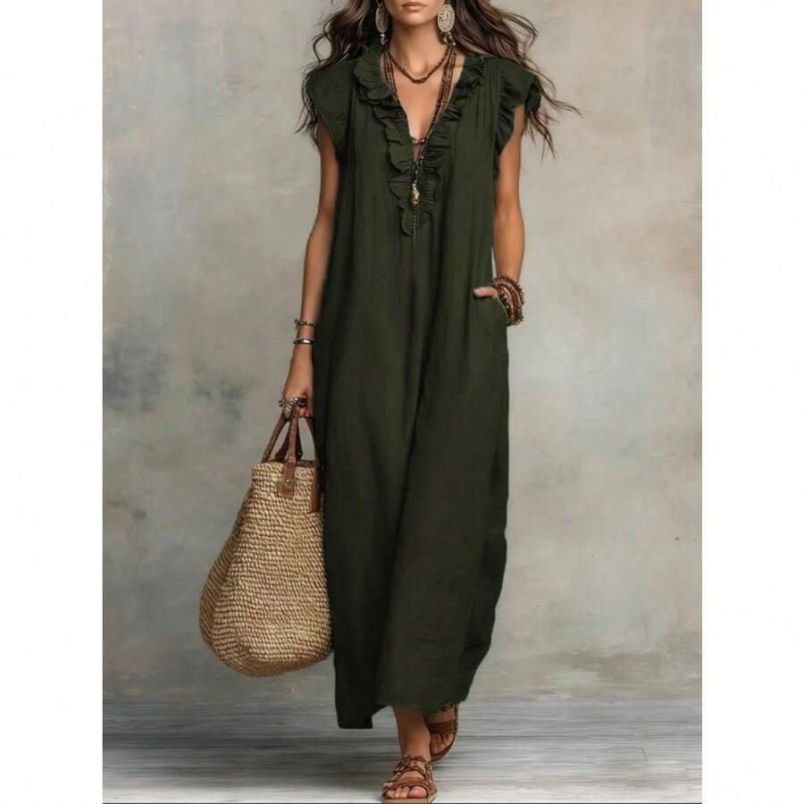2026 European And American Spring And Summer New Bohemian Flying Sleeves And Ground Length - Olive Green - View 1