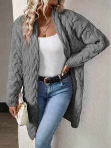 Plus Size Women's Dropped Shoulder Long Sleeve Casual Long Knit Cardigan - Grey - View 5
