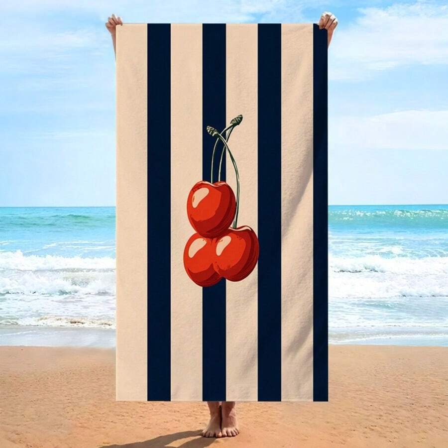 海軍藍條紋櫻桃印花超細纖維沙灘巾,吸水快乾無毛屑浴巾,適用於沙灘、游泳和度假 - A - 查看 1