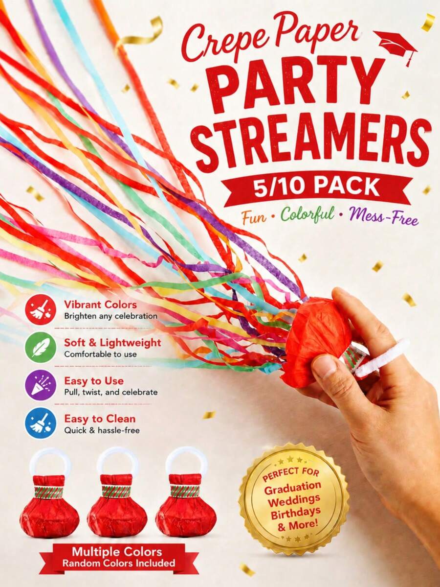 5/10pcs Residue-Free Colorful Paper Ribbons, Soft Lint-Free Party Decoration Streamers, Suitable For Graduation, Birthday, Wedding, Retirement And Various Holiday Party Decorations