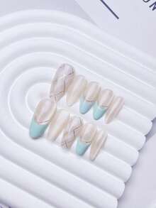 10pcs Almond Fake Nails With Nude Milk Tea Base, Mint Green French Tips & Delicate Silver Feather Texture Accents Fresh Elegant Style Handmade Press On Acrylic Nails Reusable Nail Supplies Including 1pc Jelly Glue Sticker, 1pc Stick And 1pc Nail File - Multicolor - View 10