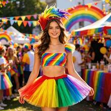 彩虹主題服裝配件組 - 2件組彩虹羽毛髮箍 & 網紗裙，女性 LGBTQ 驕傲節 Cosplay 套裝，適合萬聖節、嘉年華、驕傲遊行 & 主題派對 - 彩色 - 查看 1