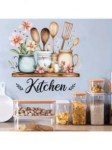 1 Pc Watercolor Kitchen Wall Decal, Removable Self-Adhesive Vinyl Wall Sticker With Utensils And Flowers, Peel And Stick Mural, Suitable For Kitchen Home Decor - Watercolor Kitchen - View 6