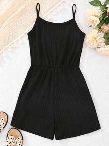Thiếu niên Cô gái Màu thuần Textured Giải trí Romper Với Dây đai mỏng - màu đen - Xem 2
