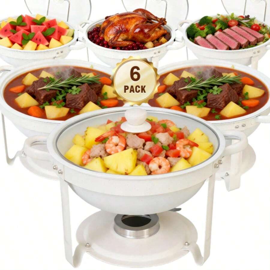 White Chafing Dishes For Buffet 4 Pack, 5QT 316 Stainless Steel Round Chafers And Buffet Warmers Sets With Lid Holder, Rolled Rim Process, Stackable Design, For Catering, Parties, Weddings - 白色可視蓋款 - 查看 1