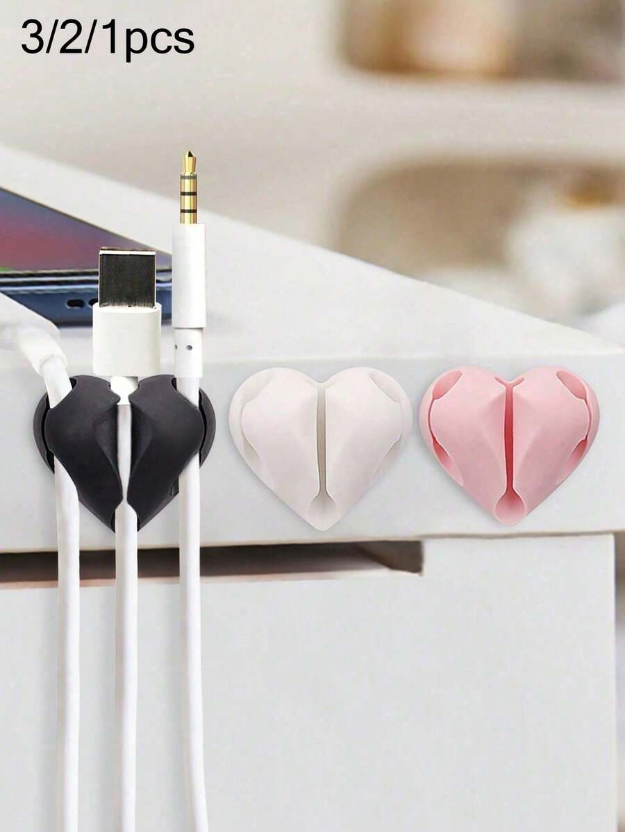 3/2/1pcs Heart-Shaped Cable Organizer, Phone Charging Cable Holder Clip, Wire Winder, Self-Adhesive Cable Tidy, Sticky Cable Organizer And Charger Holder, Suitable For Desk, Bedside, Wall, Car And Office, Can Store Charging Cables, Data Cables, Earphone Wires, USB Cables, Etc. - Multicolor - View 1