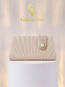 Glintelle Elegant Satin Pleated Evening Clutch, Luxury Pearl Decorated Formal Clutch Bag, Suitable For Romantic Wedding, Formal Party, Prom, Gala, Bride, Bridesmaid, Dress Matching, Women's Gift, With Detachable Metal Chain, Fits Lipstick, Cosmetics, Coins, Keys, Phone, Earphones - Apricot - View 5