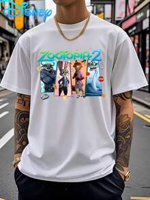 Men'sDisney Short-Sleeved T-Shirt,Printed With Zootopia's Classic Animated Character Pattern,Round Neck Shirt,Outdoor Men's Wear In Spring And Summer - White - View 1