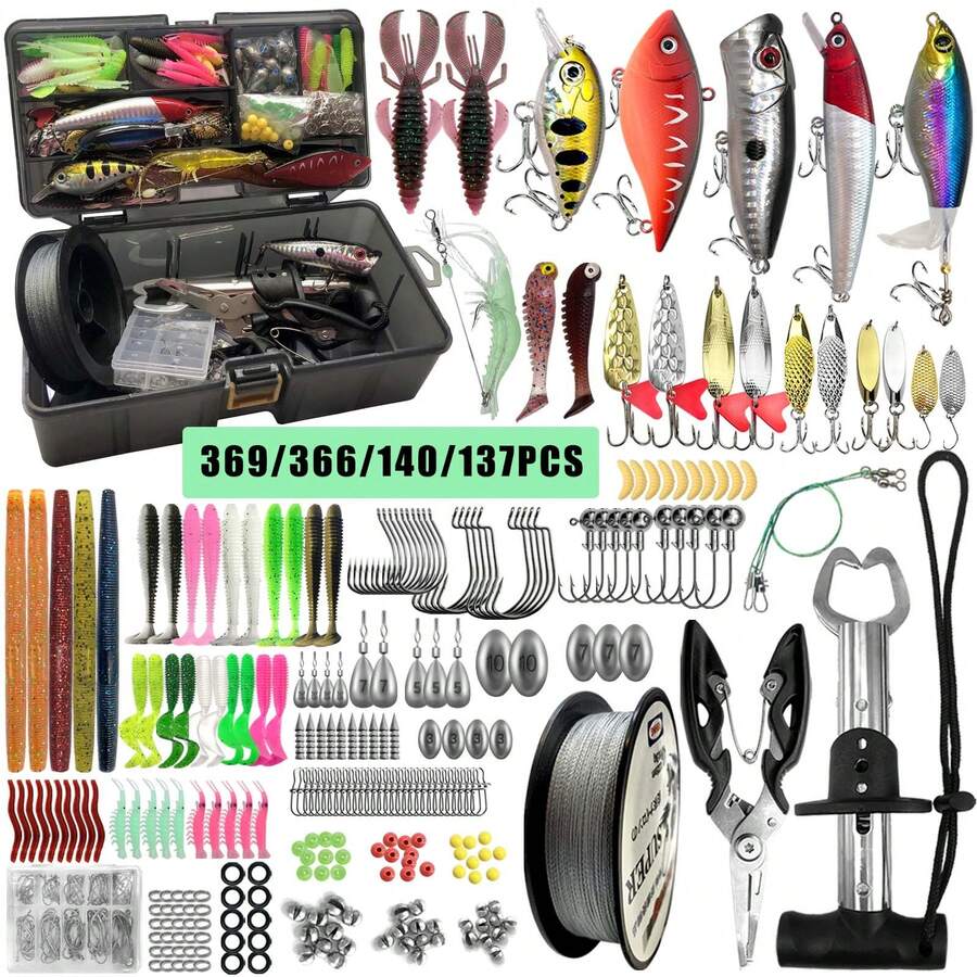 369/366/140/137 Teile Angelzubehör Set, enthält Angelköder und Werkzeuge, mit Clips, Zangen, Bleigewichten, Angelschnur, Handschuhen, Aufbewahrungsbox, geeignet für Salzwasser und Süßwasser - Verschiedenfarbig - Übersicht 1