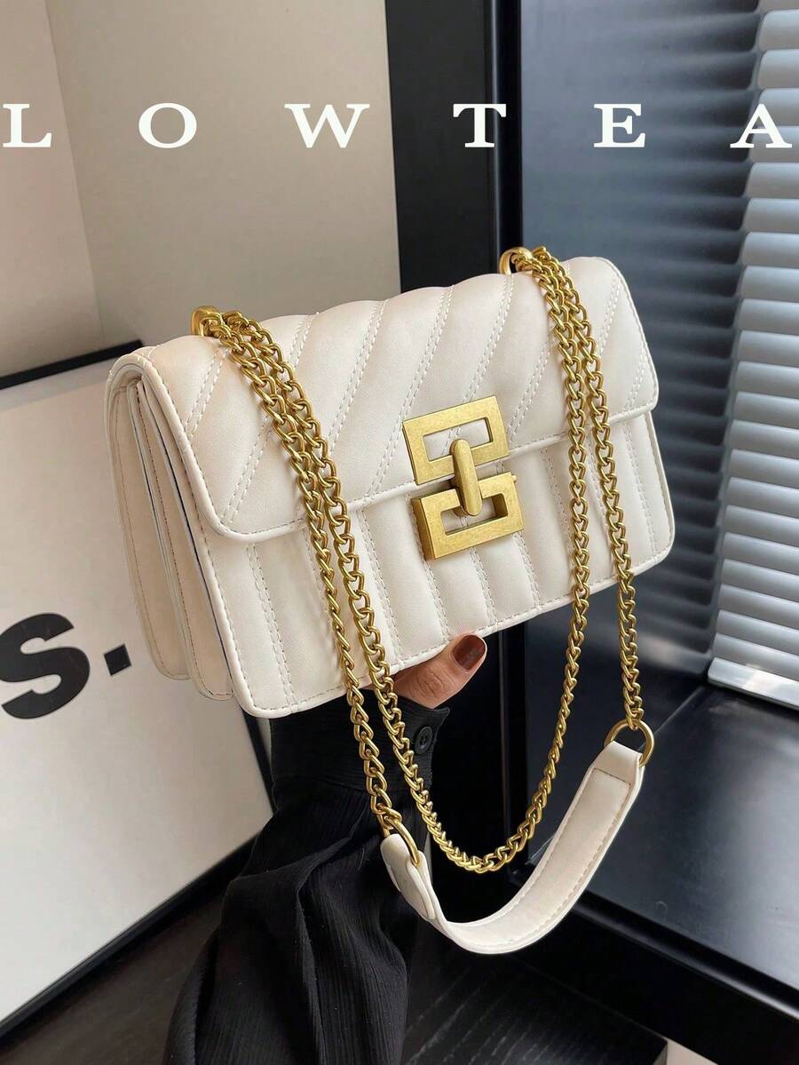 1pc Solid Color PU Fabric Shoulder Bag For Women, Fashionable Rhombic Lattice Stitch Embroidery Pattern Small Square Bag With Metal Chain Strap, Lock Buckle Closure, Suitable For Shopping, Dating, Women's Gifts. Suitable For Teenage Girls, Novices, And White-Collar Workers, Especially Suitable For Office, Academy, Work, Business, Commute.