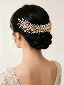1pc Bohemian Gold Rhinestone Floral Bridal Hair Accessory | Outdoor Wedding Atmosphere Headpiece - Multicolor - View 2