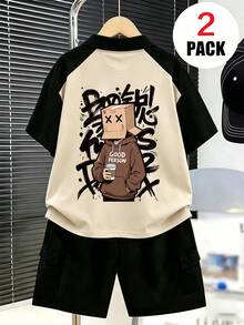 Bộ 2 món áo POLO ngắn tay & quần short thời trang cho bé trai, họa tiết hoạt hình bé trai, thiết kế cổ đứng, phong cách lịch lãm & thời thượng, phù hợp mặc mùa hè - Nhiều màu - Xem 2