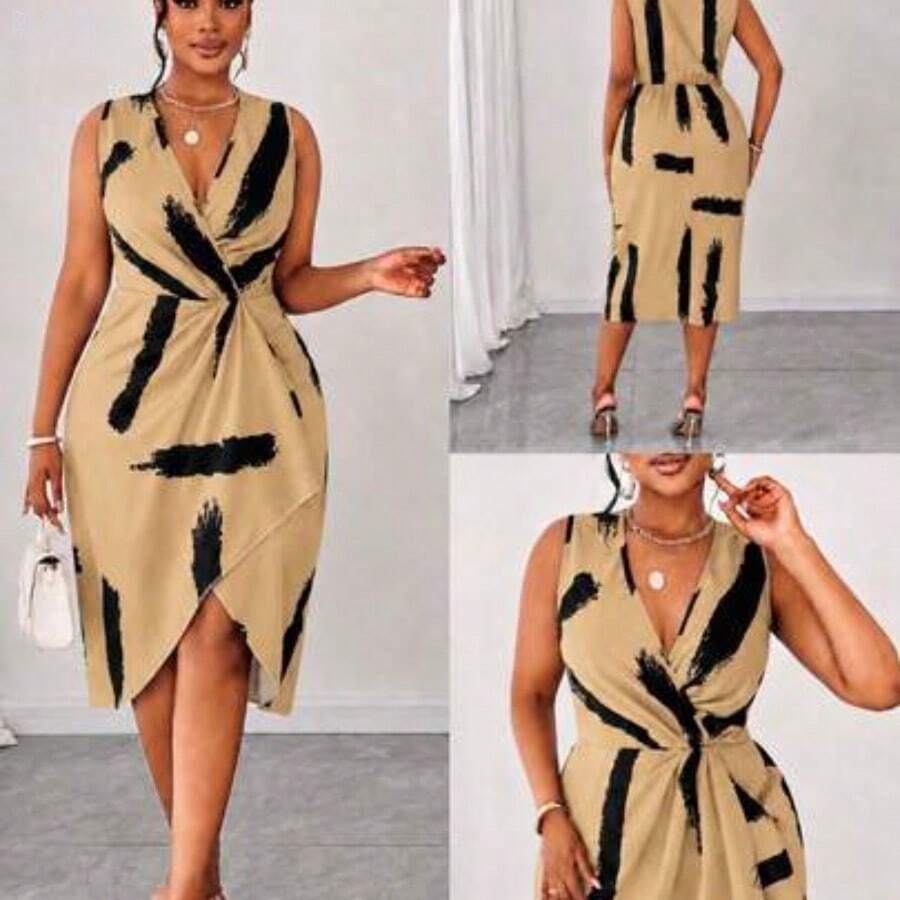 xuehuamaoyi02 Maweii Vestido sin mangas con cuello en V y estampado de talla grande - amarillo ganso - Ver 1