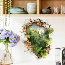 1pc Brick Wall Crack Effect Palm Leaf And Green Plant Wall Sticker, Removable Self-Adhesive Waterproof PVC Sticker, Suitable For Bedroom, Living Room, And Entryway Background Wall Plant Art Decoration. - Wall Stickers - View 6