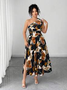 Plus Size Women's Blue And White Floral Print Maxi Dress, Elegant Long Dress With Stylish Straps Suitable For Back To School, Graduation, Valentine's Day - 黑色 - 查看 1