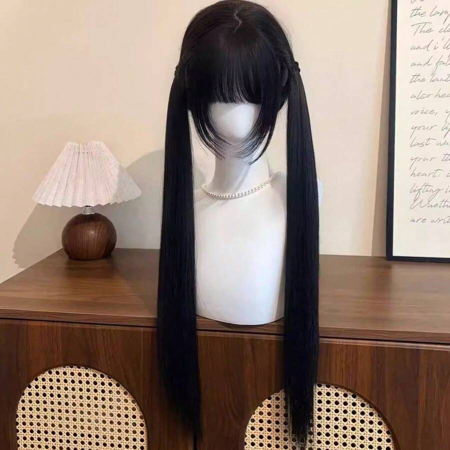 80cm Long Straight Black Twin Tails Wig, Natural Fluffy Full Wig, Youthful Style For Daily, JK & Lolita Looks - Brown and Black With Hairnet - View 1