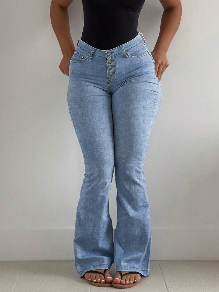 Women's Light Blue High Waist Elastic Button Split Flare Jeans Y2K